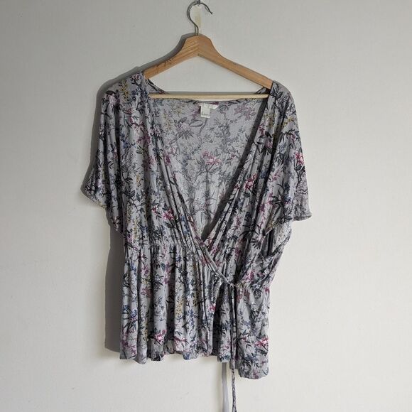 H&M Gray Floral stretch Jersey Knit Wrap Blouse Top Women's Size Large - Picture 1 of 6